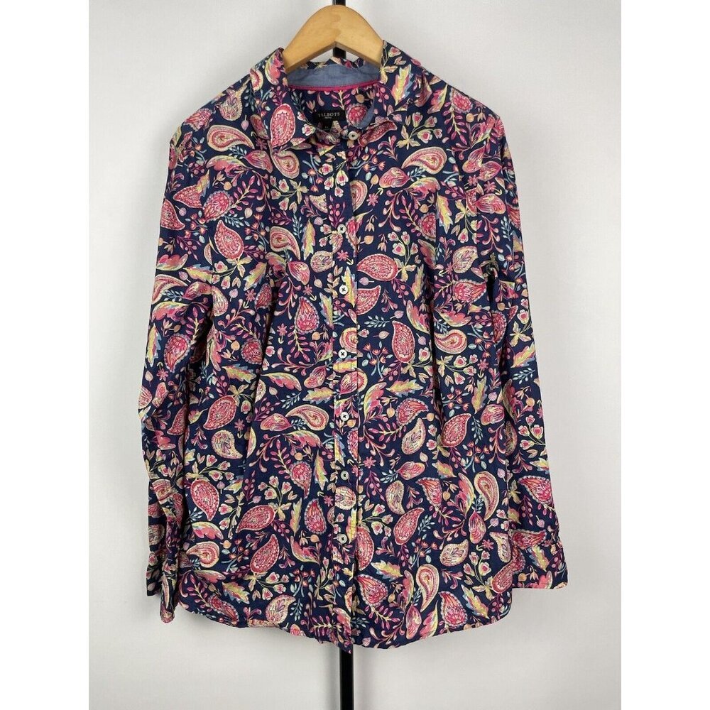 Talbots Navy Pink Paisley‎ Floral Button Up Collared Blouse Top Size LP